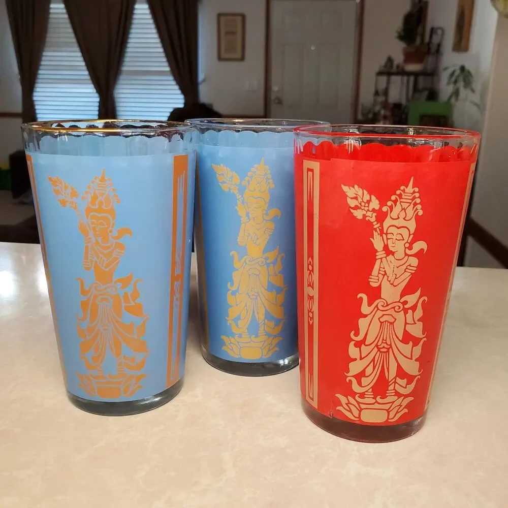 Culver MCM Retro Siam Thai Goddess Set Of 3 Highball Tumblers 1960s 5